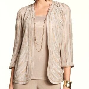 NEW‎ CHICO’S Travelers Gilded Stripe Open Sheer Light Jacket SZ 1 M Tan Metallic